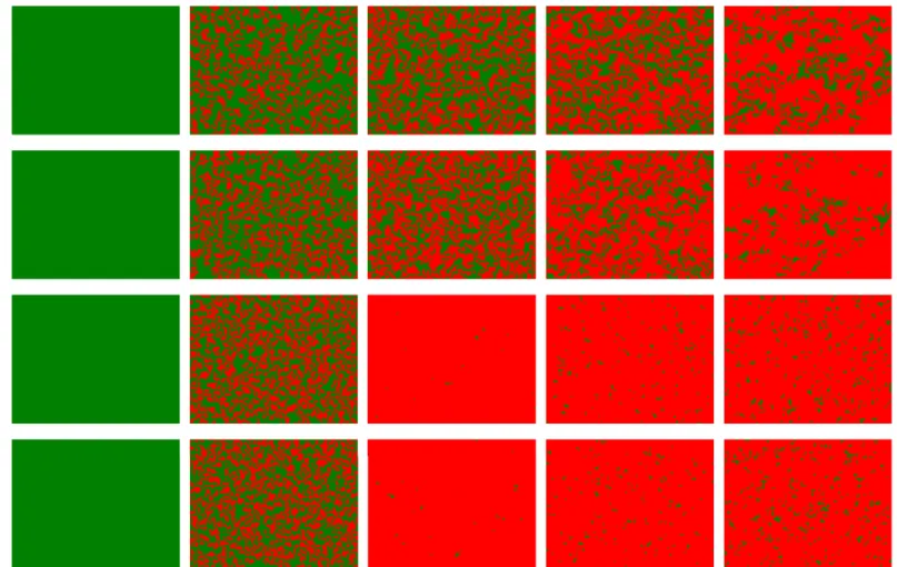 Fig 3. Characteristic patterns between cooperators and defectors on two interdependent lattices at MCS = 50000 when A is changed from 0 to 1.0.