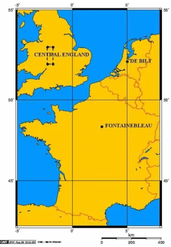 Fig. 1. Location of the Fontainebleau sampling site and ancient instrumental record site of De Bilt (Netherlands) and “Central England” area as defined by Manley (1974) (52 ◦ 30 ′ N to 53 ◦ N and 1 ◦ 45 ′ W to 2 ◦ 15 ′ W)