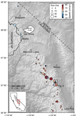 Fig. 1. Map of the study area in the central Sierra Nevada of California, USA. Circles are active rock glaciers based on our InSAR measurements