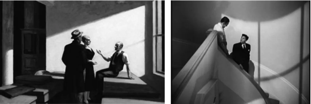 Figura 3 – Conference at night (Edward Hopper, 1949) (esq.) e o jogo de luz e sombra na escada da  mansão de Tucker (dir.) 
