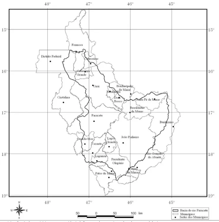 Figura 1. Localização dos municípios pertencentes à bacia do Paracatu e das respectivas sedes e do contorno da bacia