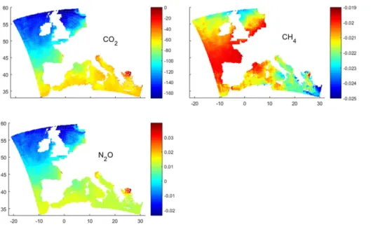 Figure 3. Bias in the gas mass balance for the European coastal ocean: comparing al- al-gorithm by Johnson (2010) to compilation by Sarmiento and Gruber (2013)