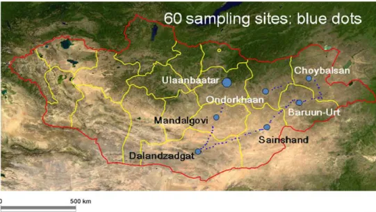 Fig. 1. Sampling sites of a survey of anthropogenic radionuclides in surface soil carried out in Mongolia in autumn 2007