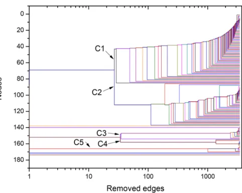 Fig 4. Dendrogram obtained during the NG community finding algorithm (NGA), based on the successive elimination of links with highest value of betweenness centrality (as defined in the Network Analysis subsection within the Materials and Methods section) f