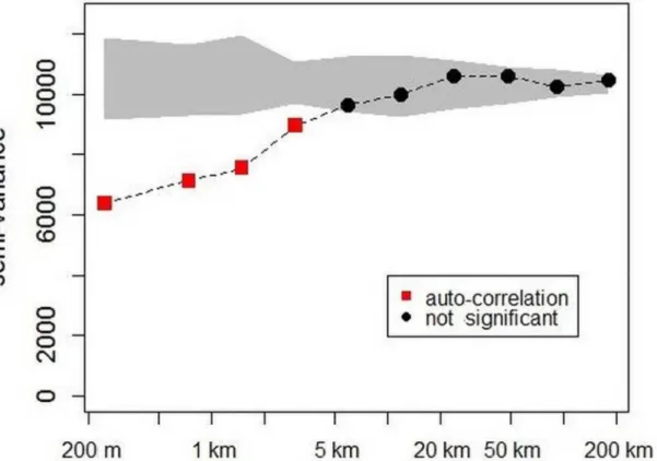 Fig 3. Variogram of biomass estimates from 500 m to 200 km according to distance classes