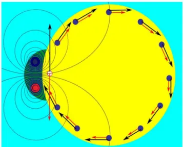 Figure 2 shows cross-sections of the resulting equipotential surfaces (black lines) and tangential electric field components (red arrows), superimposed on an idealized cross section of the c-ring (yellow) and a-subunit (green)