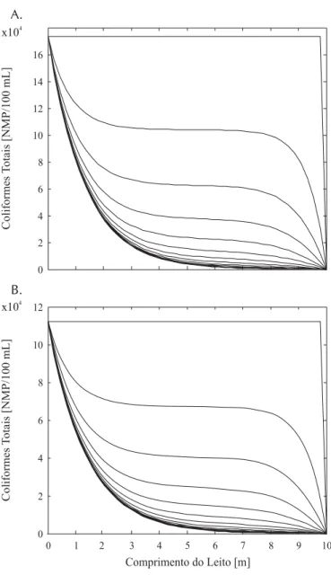 Figura 5. Simulação numérica da concentração em LC 2  de coliformes totais (A) e fecais (B) ao longo do espaço em diversos instantes