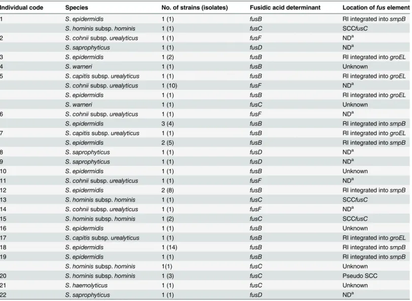 Table 2. Fusidic acid-resistant CoNS found in 22 individuals.