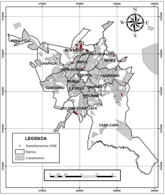 FIGURA 06 – Mapa de destelhamentos em Ponta Grossa-PR / ano 2008. Coords. UTM  SIRGAS 2000 Zona 22S em metros