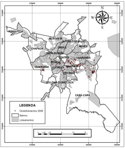 FIGURA 07 – Mapa de destelhamentos em Ponta Grossa-PR / ano 2009. Coords. UTM  SIRGAS 2000 Zona 22S em metros