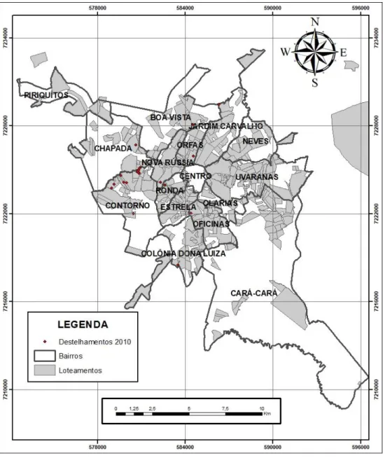FIGURA 08 – Mapa de destelhamentos em Ponta Grossa-PR / ano 2010. Coords. UTM  SIRGAS 2000 Zona 22S em metros