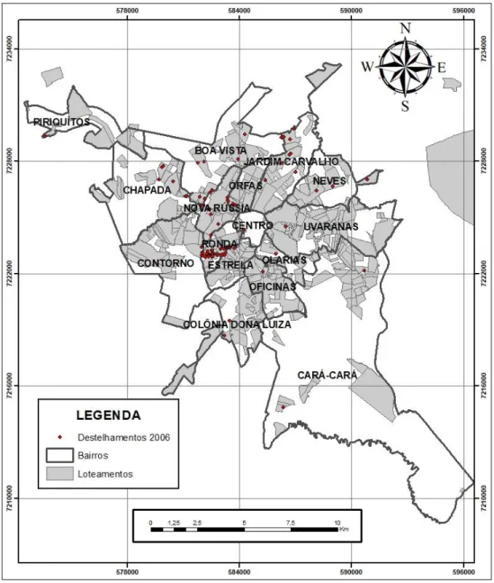 FIGURA 04 – Mapa de destelhamentos em Ponta Grossa-PR / ano 2006. Coords. UTM  SIRGAS 2000 Zona 22S em metros