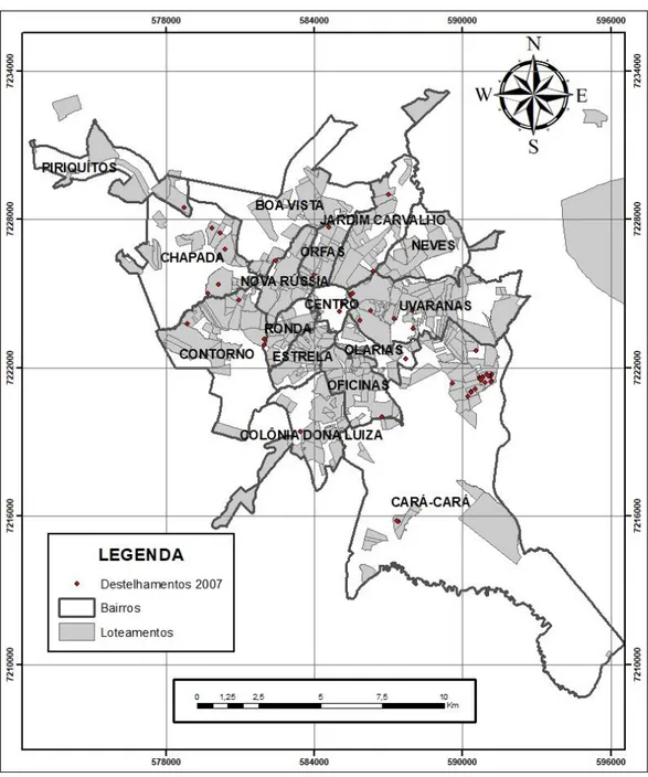 FIGURA 05 – Mapa de destelhamentos em Ponta Grossa-PR / ano 2007. Coords. UTM  SIRGAS 2000 Zona 22S em metros