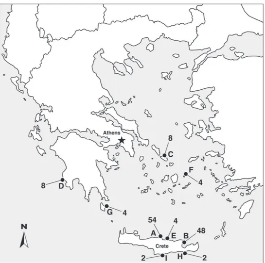Figure 2. Map of observation sites: A = Lygaria B = Agios Nikolaos C = Tinos D = Pylos E = Hersonissos  F = Donousa G = Kythira h = Ierapetra i = Tripiti