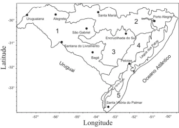 Figura 1. Regiões ecoclimáticas e estações meteorológicas da metade sul do Rio Grande do Sul