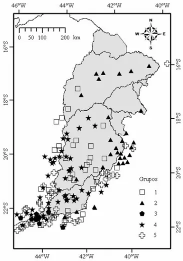 Figura 1. Região hidrográfica de estudo e grupos homogêneos de freqüência de chuvas obtidos por Melo Júnior (2003), por meio do método de agrupamento de Ward Júnior (1963)