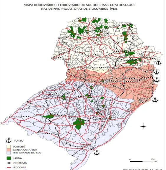 Figura 02: Mapa Rodoviário e Ferroviário com a localização das usinas   produtoras de biocombustíveis da Região Sul do Brasil 