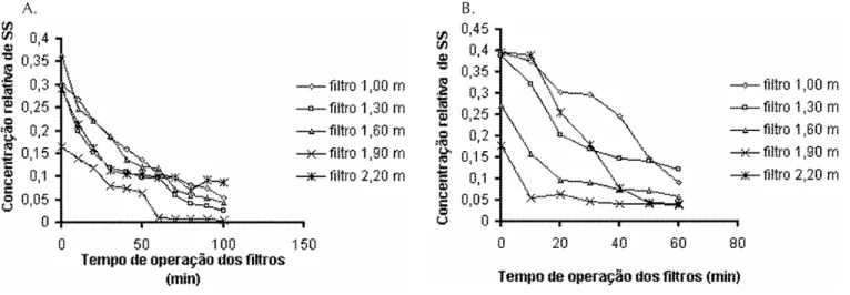 Figura 4. Concentração relativa (C/C 0 ) média de SS no efluente dos filtros de serragem de madeira (A) e bagaço de cana-de-açúcar (B), em função do tempo de operação do sistema