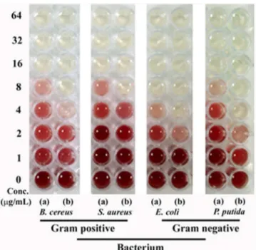 Fig 6. Dehydrogenase assay demonstrating MIC profiles of (a) protein-capped and (b) bare silver nanoparticles against selected Gram positive and Gram negative bacteria.