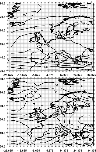 Fig. 1. Mean total ozone (in DU) in March for the period 1950–1959 (top), the di ff erence between the mean total ozone in March for the period 1995–2004 and that for the period 1950–