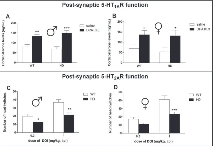 Figure 5. In vivo assessment of 5-HT 1A and 5-HT 2 post-synaptic receptor function using 8-OH-DPAT-induced change of corticosterone levels and DOI-induced head-twitches