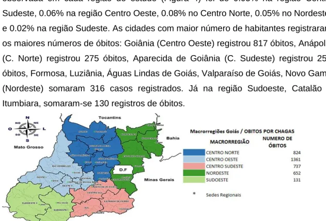 Figura 4 - Mapa das Macrorregiões de saúde do estado de Goiás e a ocorrência de óbitos por Doença  de Chagas– 2010 á 2014