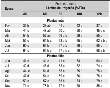 Tabela 4. Produtividade final obtida pelas plantas mãe e filha, em função dos tratamentos de irrigação*