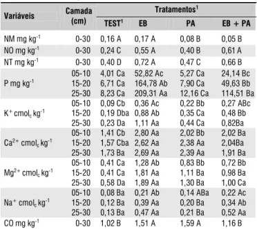 Tabela 5. Teores médios* de NM, NO, NT, de nutrientes e CO em Argissolo Acinzentado cultivado com melão e incorporado a diferentes tipos de matéria orgânica, nas camadas de 5-10, 10-20 e 25-30 cm Tratamentos 1 Variáveis  Camada  (cm)  TEST 1 EB  PA  EB + P