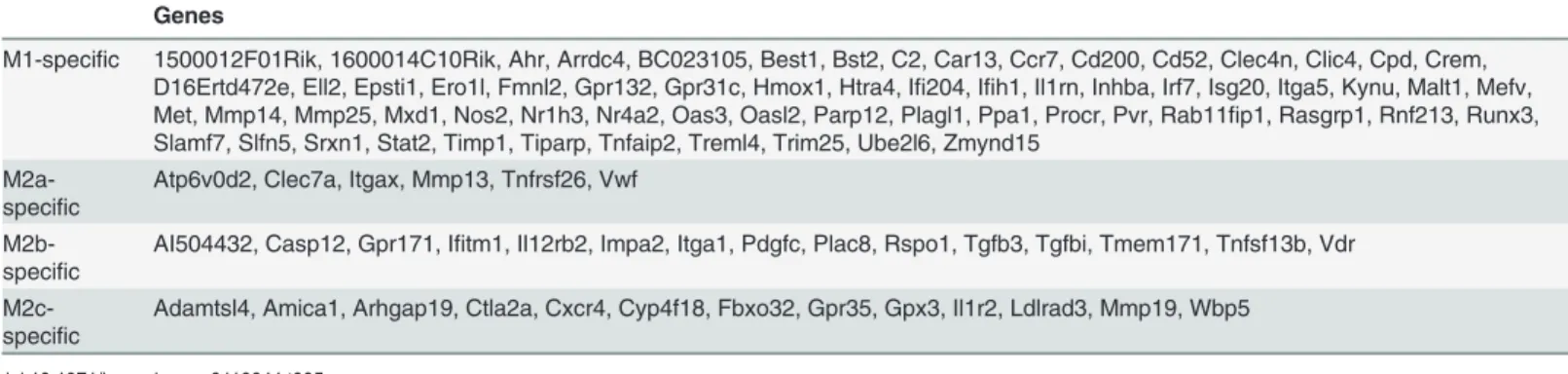 Table 5. M1 and M2a,b,c-speci ﬁ c genes that are &gt; 2-fold upregulated in our GAMs data set.