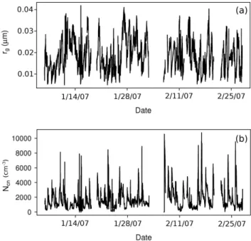 Fig. 4. Time series of (a) r g and (b) N cn estimated from observations collected during the ISPA campaign at SPL in 2007