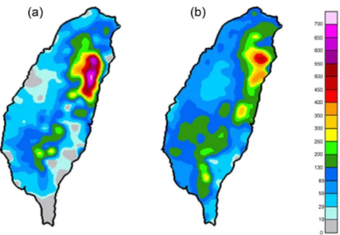 Fig. 3. The accumulated rainfall for Typhoon Longwang: (a) ob- ob-served (05:30 LST, 1 October–08:30 LST, 3 October); and (b) the rainfall distribution estimated using TRCM06.