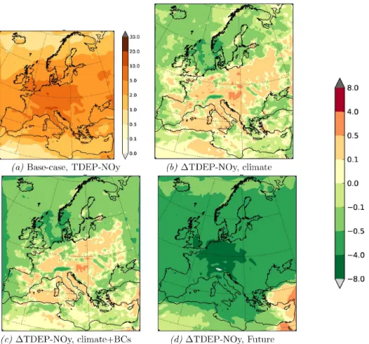 Figure 5. Results from the 3CTM ensemble (see text), for (a) base-case deposition of NO y (TDEP-NO y , innermost legend), and changes in TDEP-NO y (rightmost legend) resulting from (b) 2050s climate (E05-M50-BC2), (c) 2050s climate and boundary conditions 