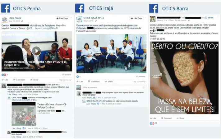 Figura 3 – Prints de interações nas páginas das Estações Otics Penha e Irajá no Facebook e de postagem comercial que  aparece em perfil supostamente da Estação Otics Barra Facebook 