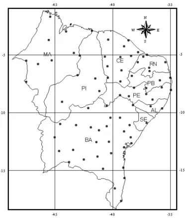 Figura 1. Distribuição espacial das estações meteorológicas da região Nordeste utilizadas no estudo
