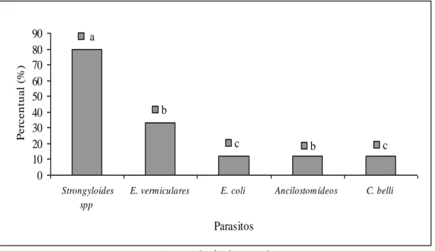 Gráfico 1 – Números de helmintos e protozoários encontrados nas alfaces obtidas em  pontos de produção de Cachoeira do Sul, RS