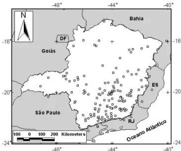 Figura 1. Localização geográfica das estações pluviométricas utilizadas no presente estudo, situadas no Estado de Minas Gerais, e também nas regiões limítrofes dos Estados de São Paulo, Rio de Janeiro, Espírito Santo e Bahia