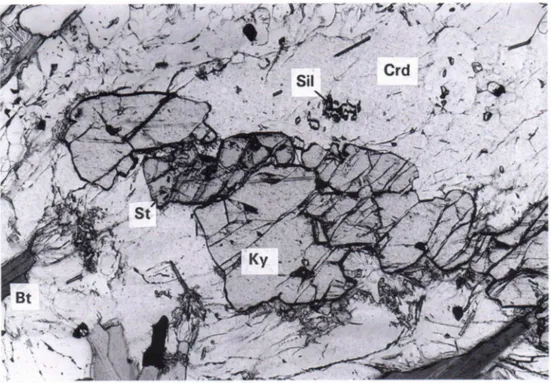 Fig. 8. Kyanite-staurolite paragenesis surrounded by later cordierite and sillimanite in a narrow D P2  zone at  Hiltuspuro