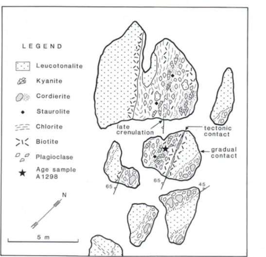 Fig. 5. Field sketch of coarse-grained kyanite-chlorite-cordierite rock with metasomatic zoning at Hiltuspuro