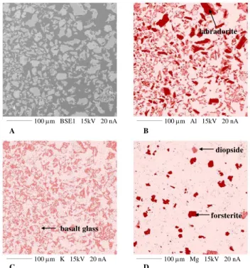 Fig. 1. Back-scattered electron image (A) and elemental distribu- distribu-tion maps for Al (B), K (C), and Mg (D) for the Flagstaff black basalt obtained via wavelength dispersive X-ray mapping using the Cameca SX-50 electron microprobe (15 kV acceleratin