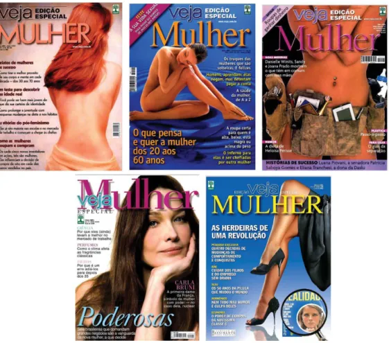 Figura 1 – Compilação de capas das edições especiais ‘Mulher’ , publicadas por Veja de 2001 a 2010, apresentadas em  ordem cronológica da mais antiga à mais recente