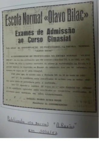 Figura 1 - Exames de Admissão ao Curso Ginasial - Publicado no jornal “A Razão”