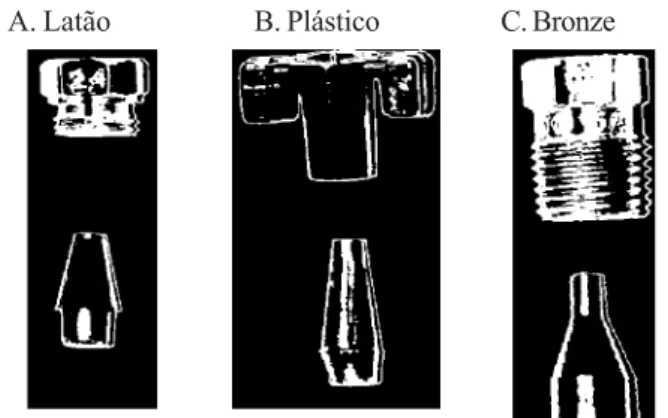 Figura 3. Vista parcial dos bocais de latão, plástico e bronze e seus respectivos moldes
