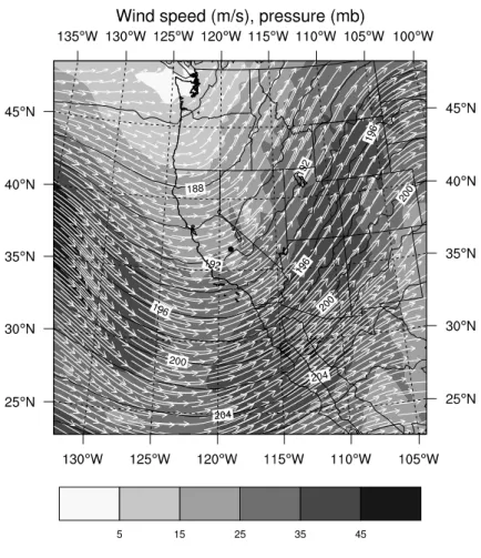 Fig. 4. Wind speed (shaded, m s −1 ), pressure (contours, hPa) and streamlines at z = 12 km from the largest domain of the WRF simulation on 1 April 2006, 08:00 UTC.