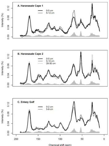 Figure 5. 13 C-NMR spectra in soil profiles. For reference, the gray spectra corresponds to the standard deviation of all 13 C-NMR spectra.