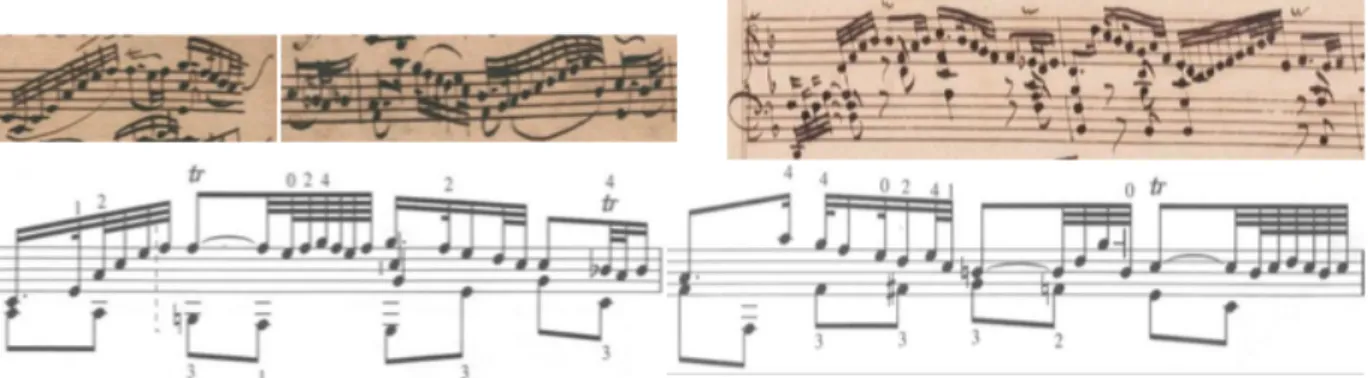 Figura III – Grave BWV 1003, compassos 3-4, respectivamente (de cima para baixo e da esquerda  para a direita): autógrafo, Grave BWV 964 para cravo (manuscrito de J