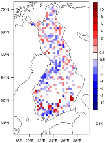 Figure 7. The 15 year averaged differences (FNFI10 – FNFI1) in the snow clearance days for model gridboxes.
