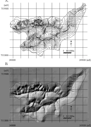 Figura 3. Dados cartográficos para controle: localização das amostras (A) e método de medição das distâncias horizontais para o cálculo da declividade (B)