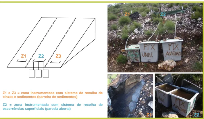 FIGURA 2: Sistema de recolha de cinzas e sedimentos (Z1 e Z3) e sistema de recolha de escorrências superficiais  (Z2) instalados numa parcela ardida