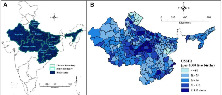 Figure 1. Study area and under-five Mortality. A. Location of study area in India B. Under-5 Mortality Rate (per 1000 live births) across 284 districts in high focus states of India, 2010–11.