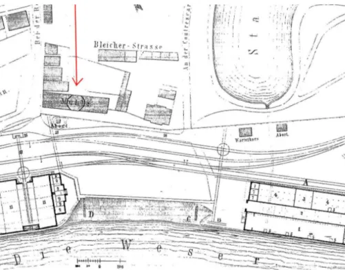 Abb. 5. Detail eines Katasterplanes des Bre- Bre-mer Weserbahnhofs  mit der mittig noch  ein-getragenen eingehausten Öl-Mühle (nach  Schröder 1864).